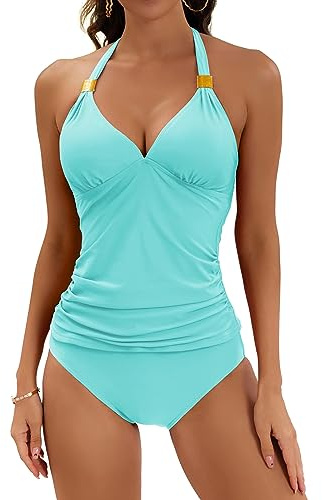 B2prity Halter Tankini Swimsuit for Women Tummy Control Two Piece Bathing Suit V Neck Swimwear with Shorts Blue Green
