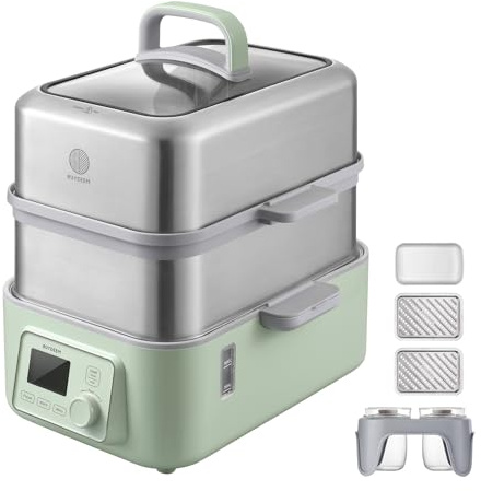 BUYDEEM G563-A501 Electric Food Steamer for Cooking, 2 Tire Stainless Steel Steamer with Slow Cook Mode, 1500W, 10-Quart, Green