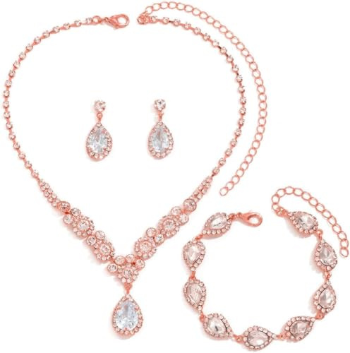 FDEETY Parure Bijoux Femme Mariage Cristal Mariée Collier Boucle d'oreille et Bracelet Ensemble Mariage Fiançailles Mariée Demoiselle D'honneur (Or Rose)