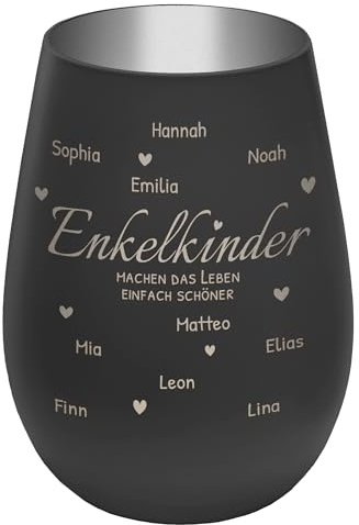 Windlicht mit Gravur ''Enkelkinder'' - personalisierbar mit Namen und Spruch - Schwarz/Silber - Höhe 12 cm - Teelichthalter Kerzenhalter Vornamen Enkel