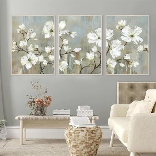 KemneT Blühender Apfelbaum Blumenöl Wand Bilder nordische Poster und Kunstdrucke Retro-Leinwandgemälde Bilder für Wohnzimmer Heimdekoration 50 x 70 cm x 3 ungerahmt