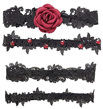 XZEIT 4 Piezas de Liga de Boda para Novias Negro, Liga de Pierna de Encaje Floral Nupcial, Ligas Negras elásticas de Encaje de Flores, adecuadas para Novias, Damas de Honor, Bodas (Negro)