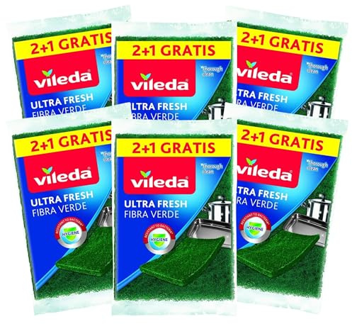 Spugna Per La Pulizia Della Casa/Cucina Ultra Fresh Fibra Verde, Formato 2+1 (6 Spugne)