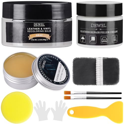 DEWEL Kit de Reparación de Cuero Renovador de Color de Cuero 100g Kit de Reparación Gris con 50g de Crema Reparadora 50g de Grasa Selladora,para Chaqueta de Coche Ropa de Moto Cuidado del Cuero