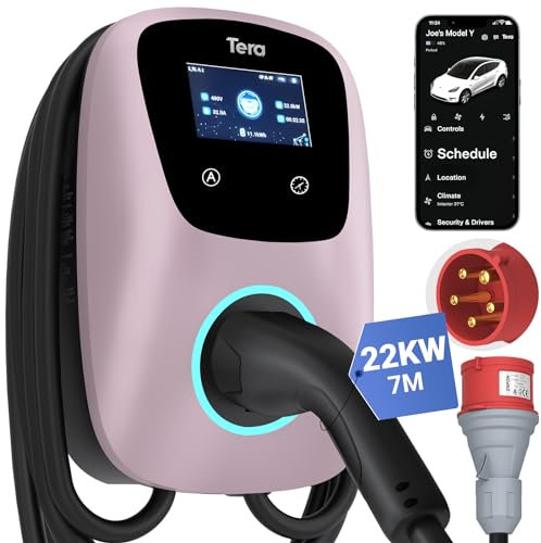 Tera Caricatore EV Smart APP: 32 A tipo 2 22 kW o 11 kW casa stazione di ricarica 400 V CE & TÜV Wallbox 7 m cavo di ricarica con supporto caricabatterie, controllo app CEE 3 fasi spina per tutti i