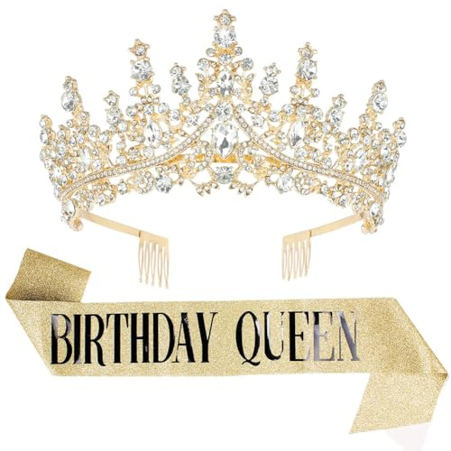 Cumpleaños Corona y faja Tiara Oro Corona de Cristal Birthday Queen Sash Corona cumpleaños para niñas y mujeres, diadema de imitación Tiara de cumpleaños Mujer Corona Diadema Tocado Accesorios