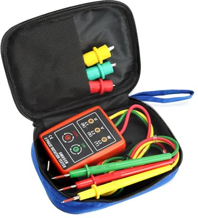 QWORK® Probador de fase, dispositivo de medición de campo giratorio para 3 fases, 60 V ~ 600 V CA, 20-400 Hz, con probador de zumbador y pinzas de cocodrilo