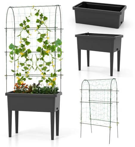 COSTWAY Jardinière Surélevée à Arrosage Automatique avec Treillis, Lit de Jardin avec Indicateur de Niveau d'eau Trou De Drainage, pour Fleurs Légumes Plantes Grimpantes