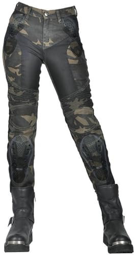 QIYUANT Pantalones de Moto Verano para Mujer Camuflaje Motocicleta Jeans Respirable Resistencia Desgarro Pantalón de Motorista Retro Casual Elásticos con Protecciones Mejorada (Verde, S)