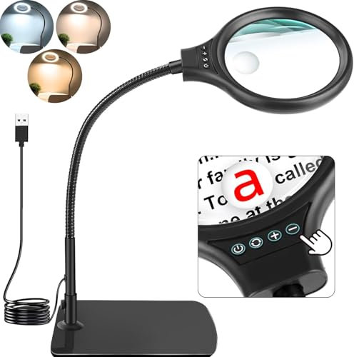 JUOIFIP Lupe 10 X 20 mit LED-Licht und Ständer, Flexible Schwanenhals Schreibtischlampe Leselupe für Senioren Reparaturen Handwerken Löten Lesen Vergrößerungsglas