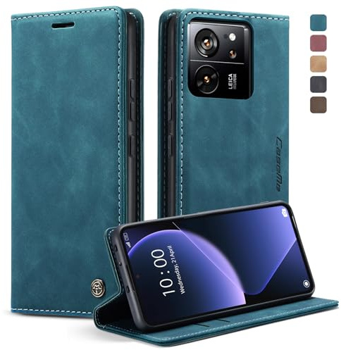 owlhold Handyhülle für Xiaomi 13T/13T Pro Hülle, Premium Lederhülle Weiches Vintage-Nubukleder Faltbare Ständer Klapphülle Kartenfach Standfunktion stoßfest Schutzhülle für Xiaomi 13T -Blaugrün