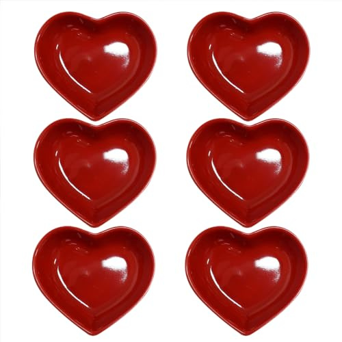 Pirhosigma 6 pcs Red Heart Shaped Porcelain Soy Sauce Dish Snack Bowl Ceramic Dip Dipping Bowls 1.65 oz for Dinner Baking BBQ and Cooking