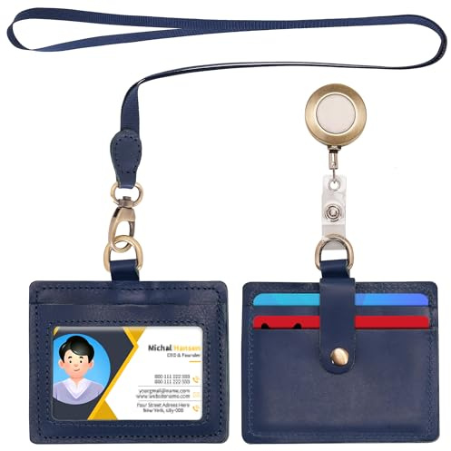 Wonderpool ID-bricka hållare äkta läder med avtagbar nackband och utdragbar bricka rulle kortfack fodral horisontell korthållare för möten arbete skola och körkort (blå)