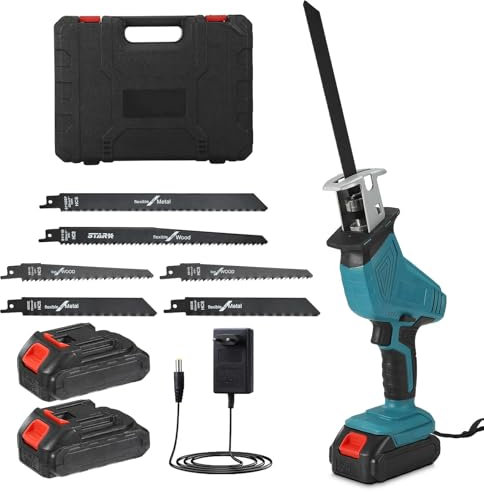 ADWOLT Scie sabre sans fil, scie sans fil 21 V avec 6 lames de scie et batteries 2,0 Ah, vitesse variable 0-3000 tr/min, sans outil pour métal, bois, tuyaux en PVC