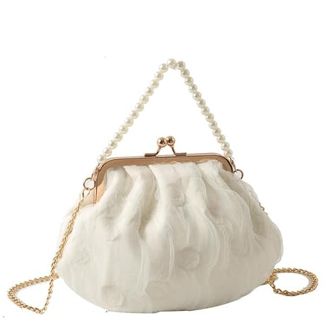 KFMON 27 * 20 cm weiße Chiffon-Perlen-Abendtasche, Braut- und Hochzeitstasche, Handtasche, Abschlussball-Tasche, Brautjungfern-Clutch für den Hochzeitstag, Perlen-Damen-Clutch