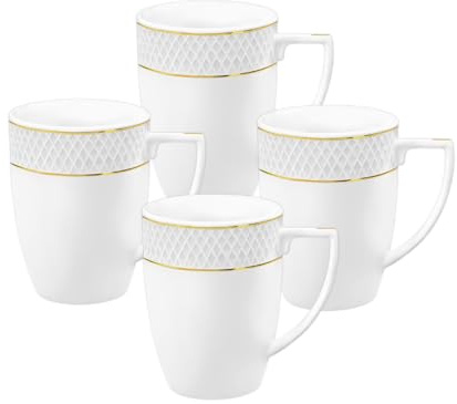 Wilmax - Lot de 4 tasses à thé et à café - 320 ml - Mug à café en porcelaine avec motif doré - Lot de mugs - Mug pour thé, café, cappuccino - Mugs en porcelaine - Blanc