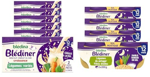 Blédina Blédîner, Céréales bébé Lactées, Légumes, Dès 12 Mois, 12 briques 250mL + Blédina Blédîner Légumes du Potager et Pâtes Étoile dès 12 mois 2 x 200 g - Lot de 4