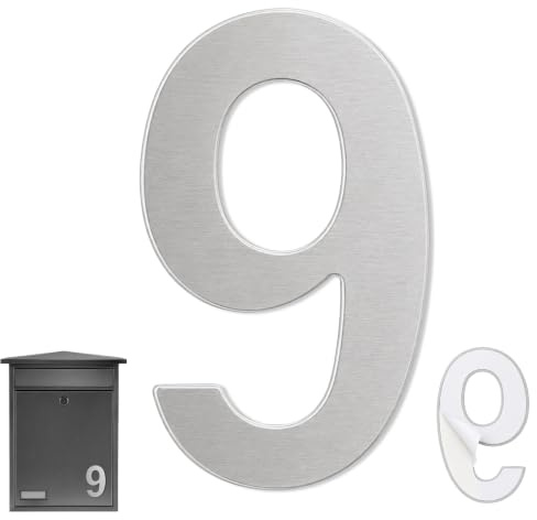 TECHZOCO Numéro 9 maison, numéro neuf maison, numéro 9 pour porte, numéro 9 mural, numéro 9 boîte aux lettres, acier inoxydable 304, 75 mm de haut x 47 mm de large, autocollant, argenté
