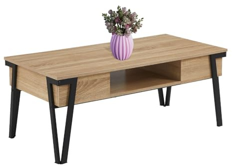 CATAVANA - Rechteckiger Couchtisch, modern, 110 x 55 x 45 cm, aus schwarzem Stahl, mit Platte aus Melamin – modernes Design, perfekt für Wohnzimmer, Büro oder Wohnraum – langlebig und pflegeleicht
