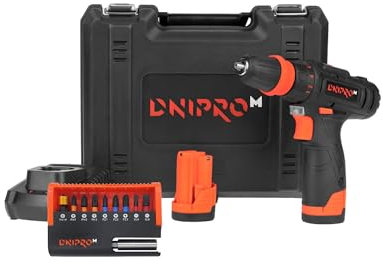 Dnipro-M CD-12QX Taladro atornillador inalámbrico 12V (25 Nm, 2 velocidades, 0-1350 rpm, incluye batería de 2Ah y 10 puntas Impact), Destornillador eléctrico compacto para atornillar madera y metal