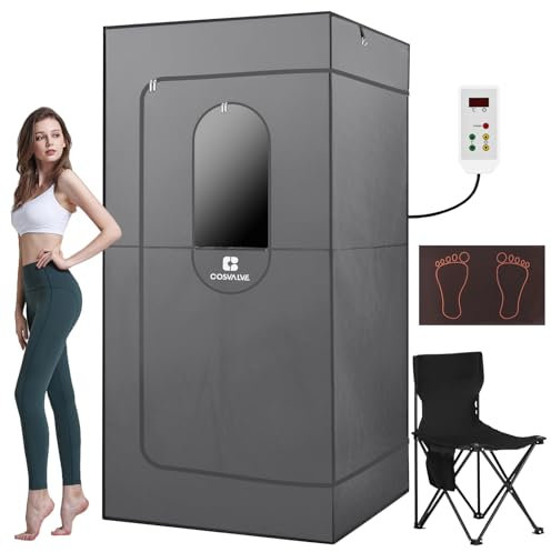 COSVALVE Sauna Infrarouge Portable pour la Maison, Sauna Sec avec 4 Panneaux Chauffants et Coussin Chauffant pour Les Pieds, Tente de Sauna Infrarouge pour 1 Personne, Taille complète, télécommande
