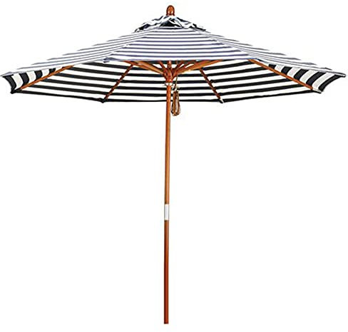 Großer schwarz-weiß gestreifter Strandschirm, 2,7 m, rund, Holz, Outdoor-Sonnenschirm für Rasen/Pool, faltbar, mit 8 Rippen