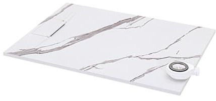 Moments of Glass SMC Duschwanne POLAR 80x160 cm – extra flache Duschtasse (26 mm), rutschfeste schieferartige Oberfläche, inkl. Ablaufgarnitur mit Deckel, Farbe: Marmor - Carrara