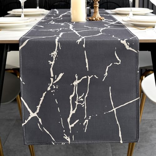 ViaElayu Tischläufer Modern Grau Weiß Marmor Textur Abstrakte Abwaschbar Outdoor Frühling Landhausstil Vintage Bauernhaus Rechteckige Tischdecke Küche Tisch Läufer Party Deko 40x140 cm