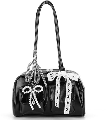 CRGANGZY Y2K Umhängetasche for Damen, Schleife, Boston-Tasche, PU-Leder mit Innentasche, Bowling-Tasche, Reißverschluss, Handtasche for Geschäftsreisen