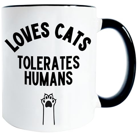 Worry Less Design Gifts for Cat Lovers and Owners - 330ml Ceramic Mug - Loves Cats, Tolerates Humans - 330ml Ceramic Mug - Gift Idea for Animal Lovers