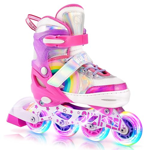 SULIFEEL Unicorn Adjustable Inline Skates for Girls Kids with All Illuminating PU Wheels for Outdoor and Indoor Beginner Skates Rose Red
