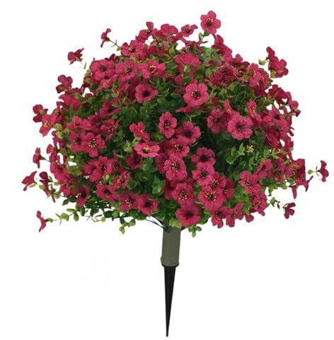 Künstliche Buchsbaum-Formschnitt-Bäume mit roten Blumen, 61 cm, künstliche Pflanzen für den Außenbereich, mit Erdspieß, UV-beständig, künstliche Grünsträucher, künstliche immergrüne Pflanzen, für