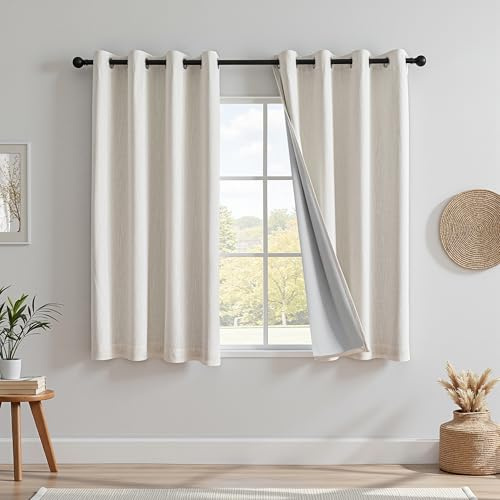 MYSKY HOME Vorhang 100% Blickdicht Gardinen mit Ösen Verdunklungsvorhänge Leinen-Mischung Thermovorhang Kälteschutz Hitzeschutz vorhänge für Schlafzimmer 2er Set H 160 x B 140 cm, Hellbeige
