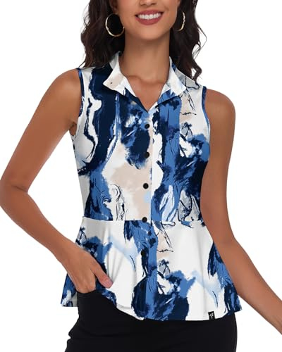 SERSARY Blusa para mujer, elegante, sin mangas, polo sin mangas, con cuello alto, volantes, deporte, golf, verano, transpirable, camiseta de trabajo, túnica, Grietas azules y blancas, XL