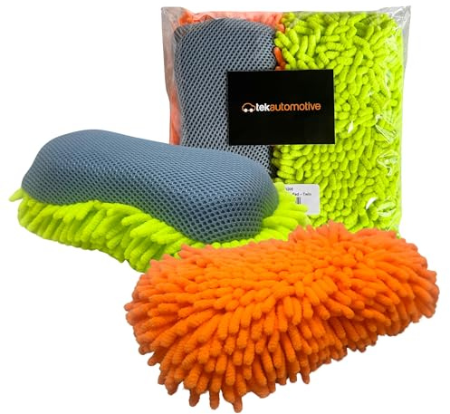 Tek Automotive Twin Pack 2-in-1 Wash Pads – Car Jumbo Microfibre Noodle & Mesh Cleaning Sponges – Large Non Scratch Vehicle Accessories for Washing, Detailing & Bug Removal