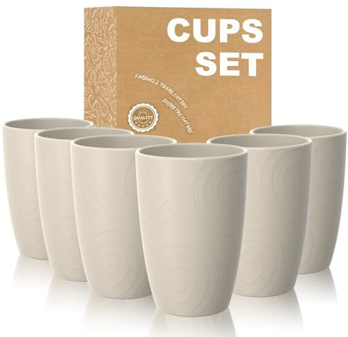 Wrova Wiederverwendbare Kunststoffbecher, 450 ml, Set mit 6 | Leichter Wasserbecher für Kaffee, Tee, Milch, Saft, spülmaschinen- und mikrowellengeeignet, Kunststoff-Trinkgläser - Beige