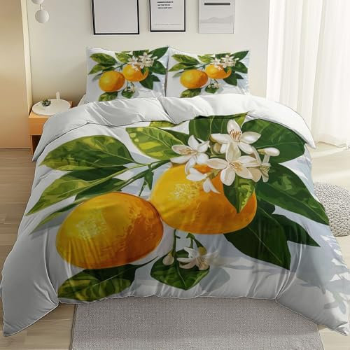 Bettwäsche 135 x 200 cm Bettwäsche-Sets, Weiß Weiches Microfaser Bettbezug Set mit 2 Kissenbezüge 80x80 cm, Wendebettwäsche Aquarell Obst Orange Bedruckt mit Reißverschluss