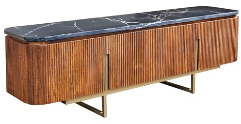 TV-Board GATSBY - 160cm - braun gold - Mangoholz Marmor mit Stauraum | Montiert geliefert, Metallgestell, stabiles Gestell, pflegeleichte Oberfläche, natürliche Maserung, Marmor-Details