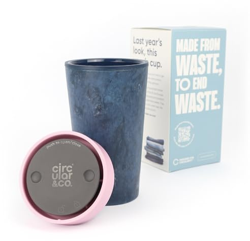 Circular&Co 12oz / 340ml Reusable Coffee Cup – Made from Recycled Fabric Waste – Leakproof, Lockable Travel Mug, BPA Free – Dusk Pink – Made in the UK