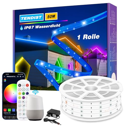 TENDIST 50M RGB LED Streifen Aussenbereich, IP67 Wasserdicht Outdoor LED Strip Alexa Kompatibel und Music Sync, 24V WiFi Lichtschlauch Außen für Garten, Beleuchtung Terrasse, Dach (50M*1)