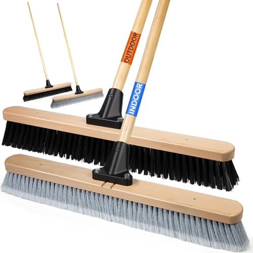 ALANNG 24” Push Brooms for Indoor and Outdoor, Heavy Duty Broom for Sweeping with 61” Wood Handle, Soft Bristle and Stiff Bristle Broom Set for Shop, Garage (2 Pieces)