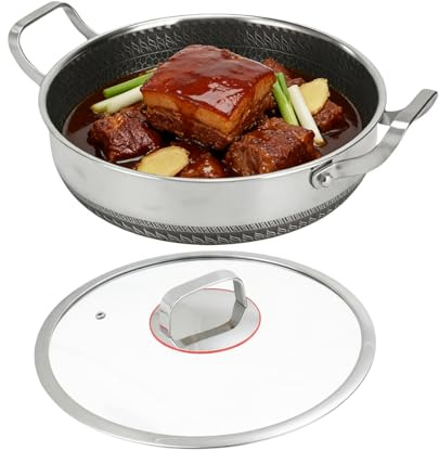 GjnjfdF Grande Poêle à Sauter avec Couvercle,Sauteuse à Double Poignée avec Revêtement Antiadhésif et Couvercle | Grande Poêle de Cuisine,Pour Cuisiner Restaurant Camping, Poisson, Œufs, Crêpes,
