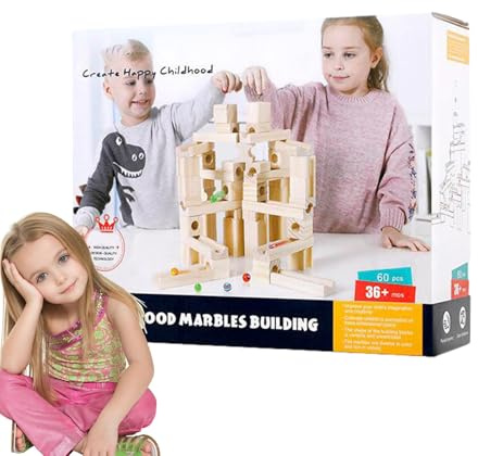 Murmelbahn-Set – pädagogisches BAU-Set mit 60 Teilen und Murmeln, Rampenbahn aus Holz mit 60 cm – für und Mädchen