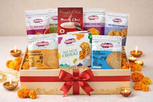 Premium Indian Snacks & Masala Chai Gift Hamper, Assorted Sweet & Savoury Treats with Dry Fruit Chikki, Khakhra, Bhel Puri Mix, Samosa, Instant Masala Chai, Authentic Festive Gift Box