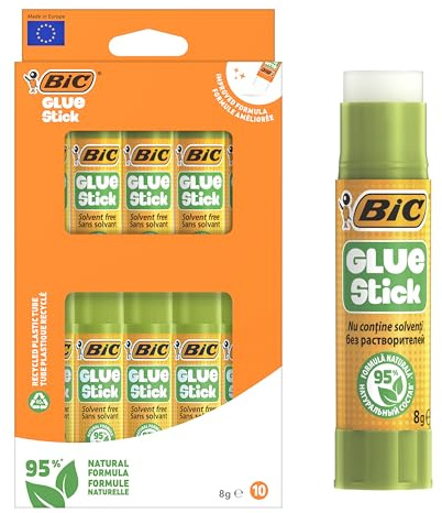 BIC Glue Stick de 8 g con Fórmula 95% Natural en Tubo Giratorio para Manualidades - Pack de 10
