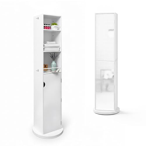 Baroni Home Spiegelsäule, um 360° drehbar, mit Regalen und Tür, platzsparendes Möbelstück für Badezimmer und Schlafzimmer, Tür mit Magnetverschluss, 36,5 x 36,5 x 169 cm (weiß)