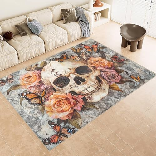 Gothic 3D Druck Teppich Totenkopf Rose, Kuschelig Kurzflor Teppiche, Rutschfest Waschbar, Faltbar Geräuschdämmend, Pflegeleicht Bodenbelag für Wohnzimmer Schlafzimmer kinderzimmer Flur 200x300cm