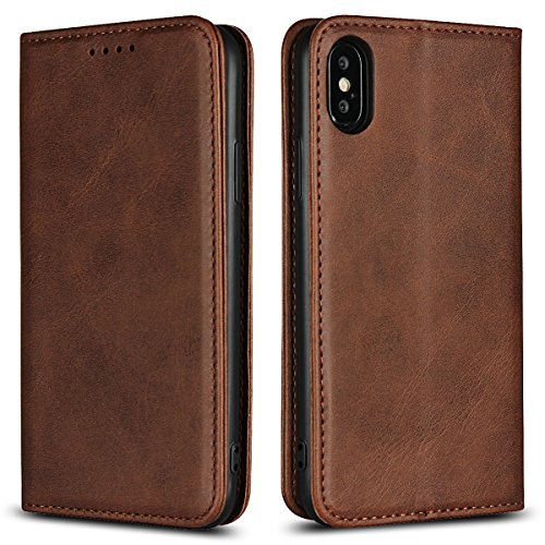 Copmob Case for iPhone X/XS, Flip Wallet Leather Case with 3 Card Slots, Magnetic Closure, Stand Function, Shockproof TPU Faux Leather Case - Dark Brown