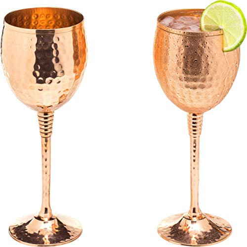 Mosscoff Kupfer Weingläser 2er Set – 325 ml gehämmerte Becher aus massivem Kupfer mit verkupferten Messingstielen – Geschenk für Männer & Frauen, ideal für Rot-/Weißwein & Moscow Mule