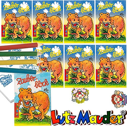 Lutz Mauder - 8 x Zauberblöckchen * Dinosaurier * in DIN A8 Plus Buntstifte im Set | Zauberblock Mitgebsel für Kindergeburtstag | Dino Saurier T-Rex